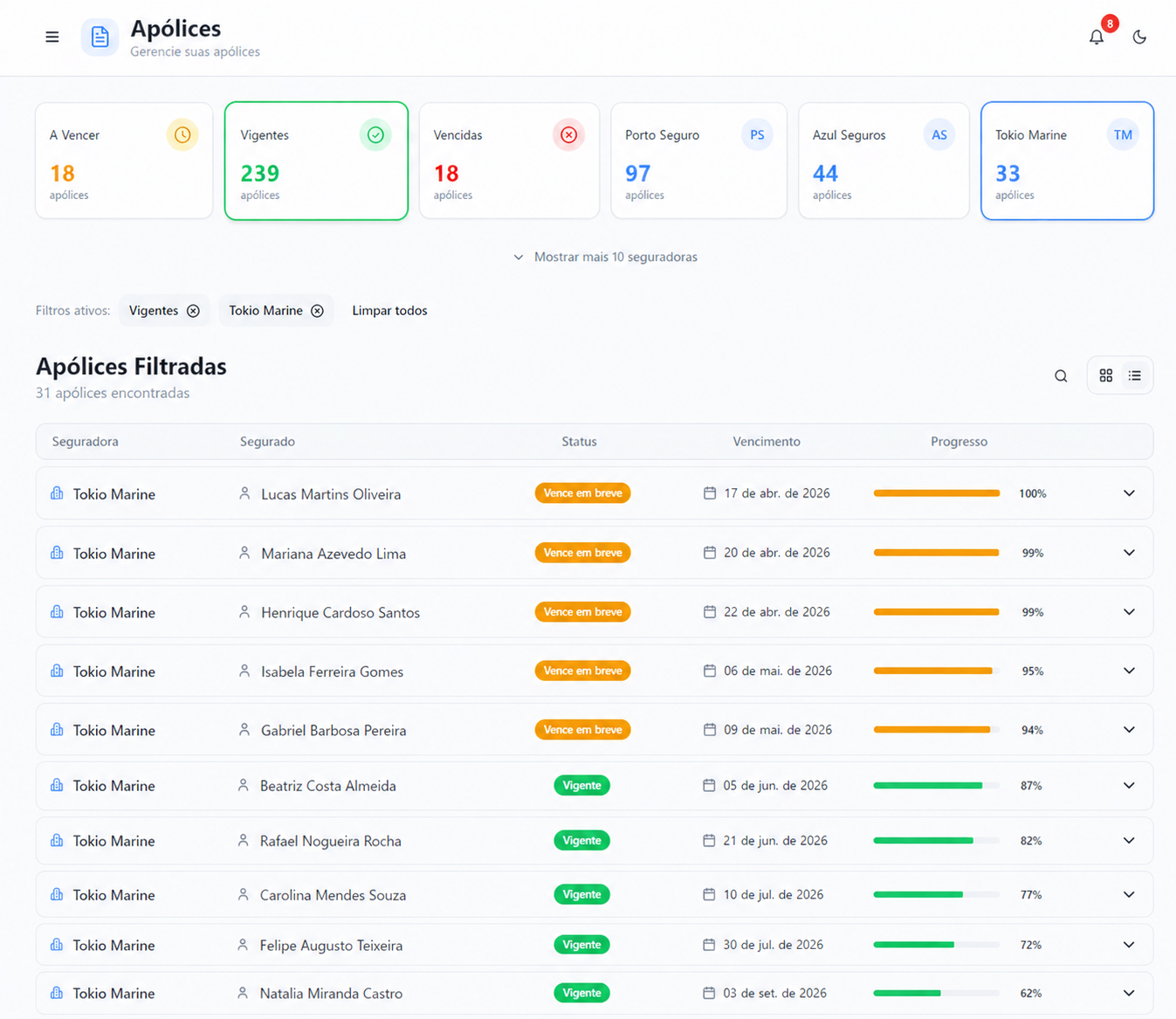 Listagem de apólices com filtros