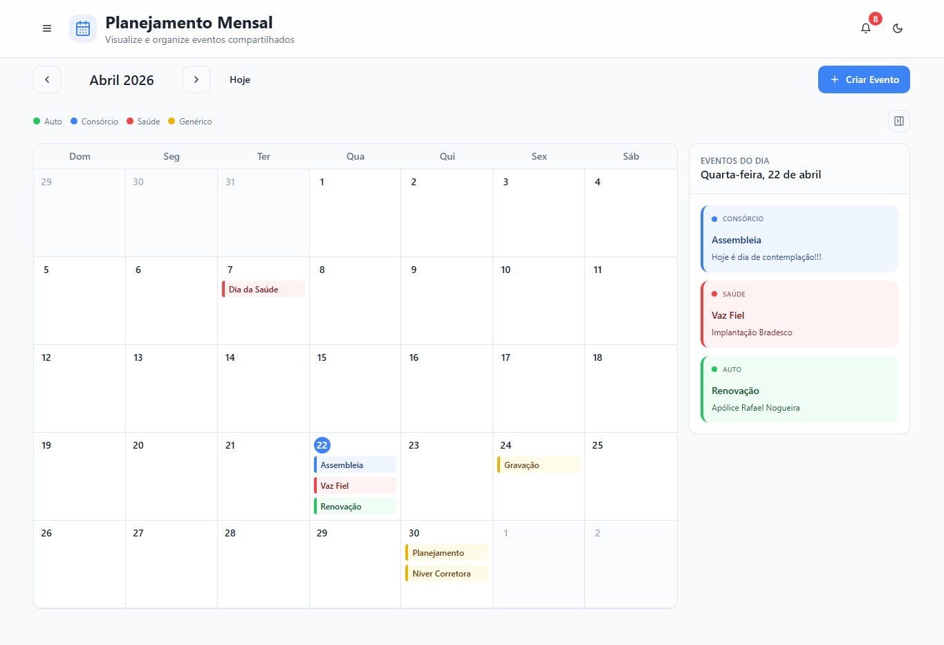 Calendário mensal compartilhado