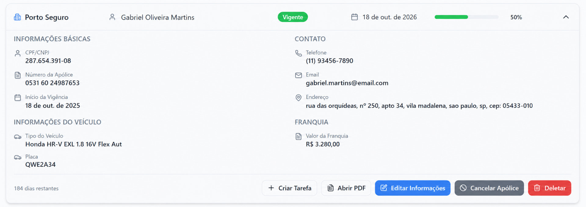 Tela de detalhes da apólice